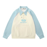 Men Hoodie Color-Block Raglan Sleeves Lapel Pullover Sweater