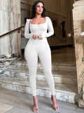 Women Jumpsuit Winter Pleated Long Sleeve Slim Fit Sports Jumpsuit
