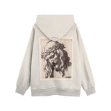 Men Hoodie Retro Figure Patch Decoration Hooded Sweater