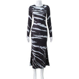 Women Desses Printed Dress Slim Fit round Neck Long Sleeves Hip Skirt