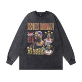 Men Long Sleeve Shirt Rodman Printed Vintage Long Sleeve T-shirt Men and Women Retro Washed Distressed