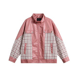 Unisex Jacket Autumn Fashion Plaid Colorblock Leather Coat
