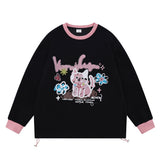 Men Hoodie Cartoon Kitten Graffiti Printing Sweater Boys Stitching round Neck Loose Top