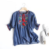 Women T-Shirt Summer Collar Lace-up Embroidery Tencel Denim Shirt