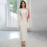 Women Dresses Sexy Strapless Long Sleeve Patchwork Slit Long Dress