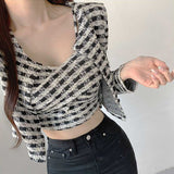 Women Long Sleeve Shirt Classic Style Plaid Camisole Coat Cardigan