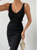 Women Sweater Dress Sleeveless Knitted Midi Skirt Summer V-neck