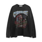 Men Long Sleeve Shirt Flame Print Washed Distressed Long Sleeve T-shirt Men and Women Ins