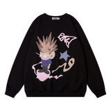 Men Hoodie Cartoon Anime Print round Neck Sweater Casual Loose Pullover Sweater