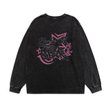 Men Long Sleeve Shirt Hip Hop Retro Printed Washed Distressed Long Sleeve T-shirt for Men and Women Autumn