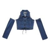 Women Vest Washed and Worn Stitching Edging Pocket Short Top