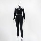Women Co-Ord Set Autumn Halter Deep V Long Sleeve Tight Jumpsuit