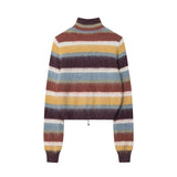 Women Sweater Colorful Striped Stand Collar Sweater Girls' Knitwear Autumn