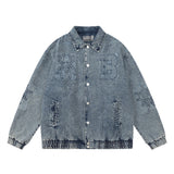 Men Denim Jacket Men's Loose Autumn and Winter Washed Distressed Jacket