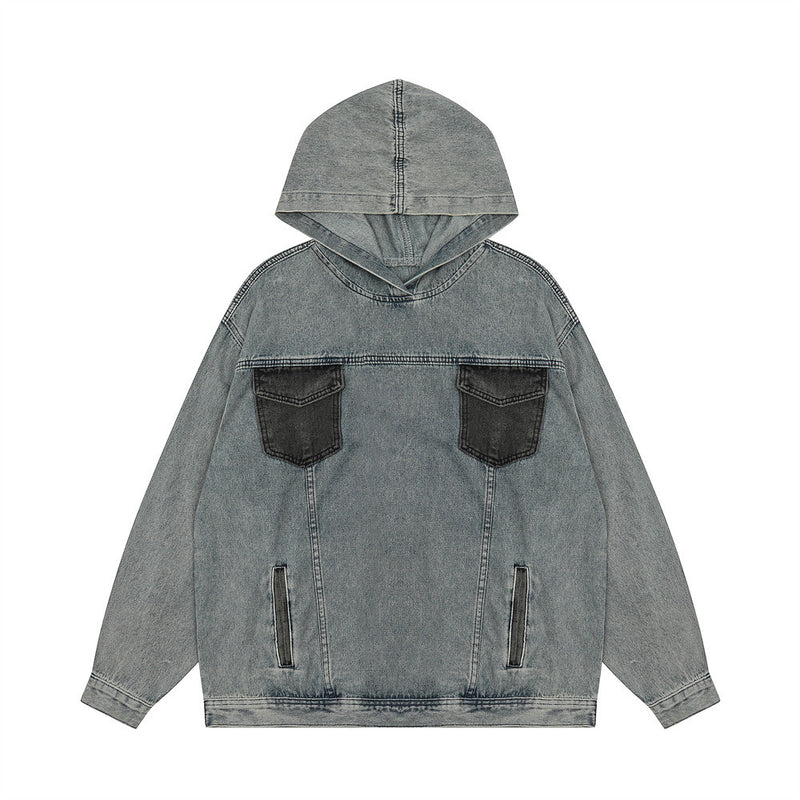 Men Denim Jacket Hooded Denim Hoodie Coat Men's Washed and Worn Denim Jacket