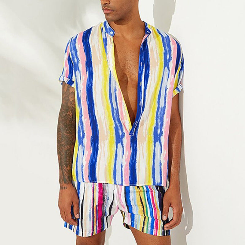 Men Co-Ords Casual Men's Suit Striped Beach Two-Piece Suit