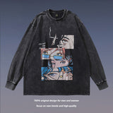 Men Long Sleeve Shirt Cartoon Printed Washed and Worn Long Sleeve T-shirt Men and Women Hiphop Loose