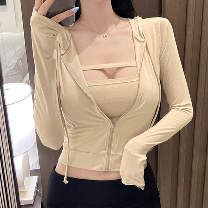 Women Long Sleeve Shirt Hooded Zipper Sweatshirt Long Sleeve Short Top Tube Top Vest