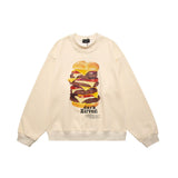 Men Hoodie Hamburger Printed round Neck Long-Sleeved Sweater Men's Loose Puffer Sports Top