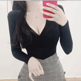 Women Long Sleeve Shirt Short V-neck Long Sleeve Top Female Autumn and Winter