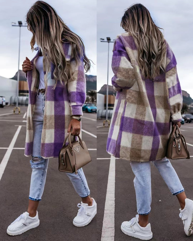 Plaid Trench Coat Autumn and Winter Women's Checked Woolen Coat Coat