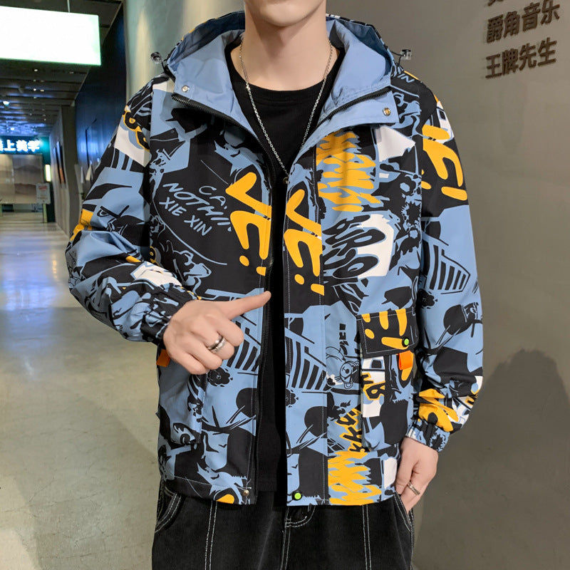 Graffiti Bomber Jacket Men's Spring and Autumn Hooded Jacket