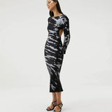 Women Desses Printed Dress Slim Fit round Neck Long Sleeves Hip Skirt
