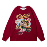 Men Hoodie Kitten Printed Crew Neck Sweatshirt Boys Loose Top Pullover Shirt