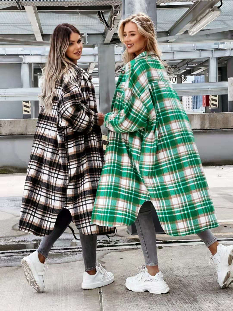 Plaid Trench Coat Fashionable Lengthened Plaid Shirt Women's Coat