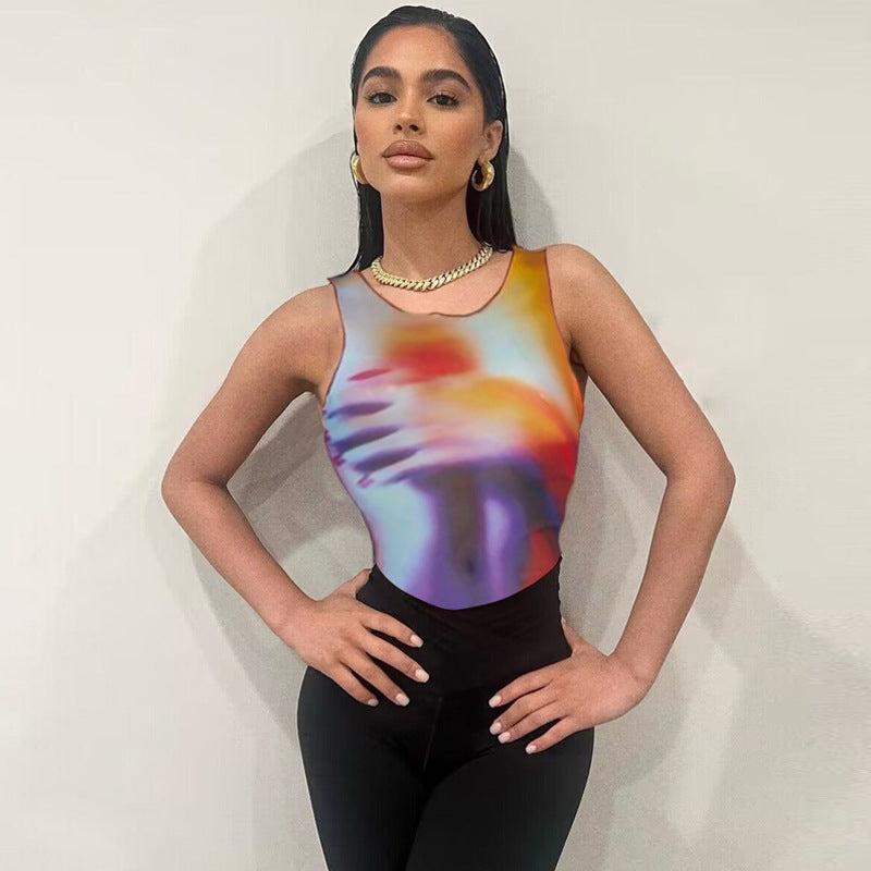 Women Jumpsuit Fashion Mesh Printed Slim round Neck Sleeveless Leotard