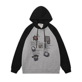 Men Hoodie Science Fiction Pattern Printed Sweater Men's Loose Casual Contrast Color Stitching Raglan Sleeve Hooded