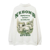 Men Hoodie Sheep Printing Lapel Sweater Boys Spring and Autumn Half Zipper Polo Shirt