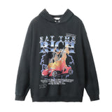 Men Hoodie Flame Racing Printing Hooded Coat Washed Old Fall Winter Men's