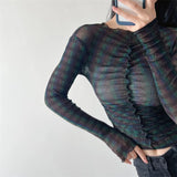 Women T-Shirt Long Sleeve Bottoming Shirt Personality Mesh Sun-Protective Clothing