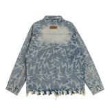 Men Denim Jacket Lightning Printed Jacket Coat Washed Distressed Denim Jacket