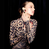 Women Desses Long Sleeve Leopard-Print Slim-Fit Dress Maxi Dress