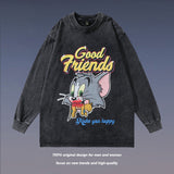 Men Long Sleeve Shirt Vintage Cartoon Printed Distressed Long Sleeve T-shirt Bottoming Shirt for Men