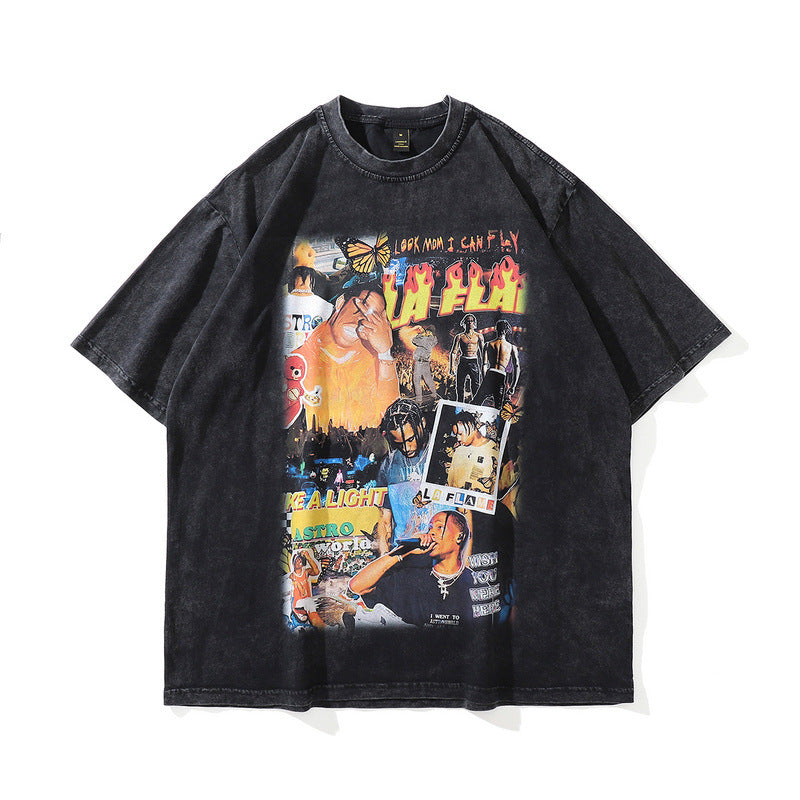 Men T Shirt Vintage Portrait Printing Loose Short Sleeve T-shirt Baby Boy and Girl Summer