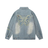 Men Denim Jacket Butterfly Paste Cloth Embroidery Denim Jacket Men's Washed and Worn Coat