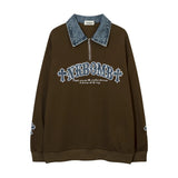 Men Hoodie Letter Patch Embroidered Lapel Sweatshirt