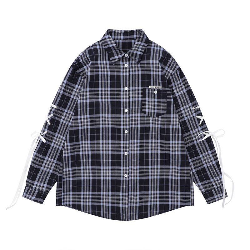 Men Long Sleeved T Shirt Plaid Long Sleeve Shirt Men's Spring and Autumn Leisure Bow Sleeve Shirt