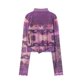 Women Long Sleeve T-Shirt Printed Half-High Collar Long Sleeves T-shirt Casual