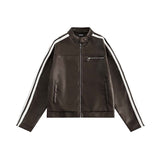 Unisex Jacket Autumn Striped Leather Coat Motorcycle Jacket Women