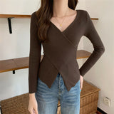 Women Long Sleeve Shirt V-neck Sweater Casual Bottoming Shirt Top