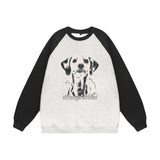 Men Hoodie Dog Print Raglan Long Sleeve Crew Neck Sweater