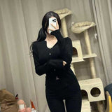 Women Long Sleeve Shirt V-neck Sweater Women's Volleyball Buckle Split Long Sleeve Casual Autumn