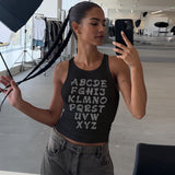 Women Halter Tops Summer Fashion Letters Rhinestone Slim round Neck