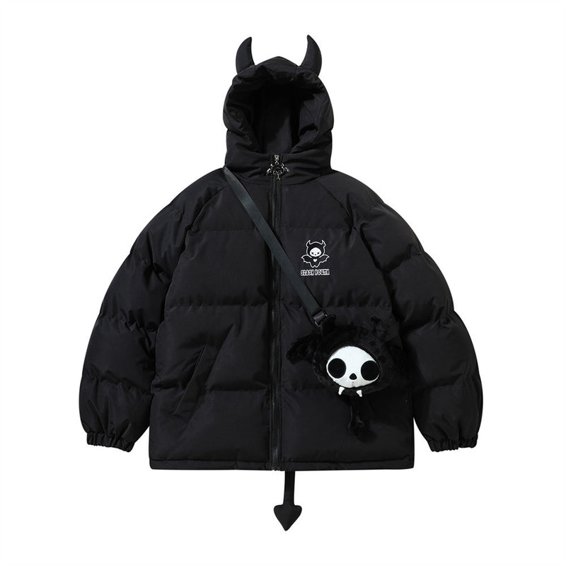 Men Cotton Mixed Jacket Coat Little Devil Hooded Cotton Jacket Male Winter Loose Cotton Jacket Coat