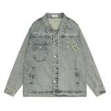 Men Denim Jacket Embroidered Denim Jacket Men's Loose Hoodie Washed and Worn Coat