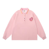 Men Hoodie Embroidery Love Lapel Sweater Boys Loose Long Sleeve Half-Open Collar Polo Shirt Pullover Top